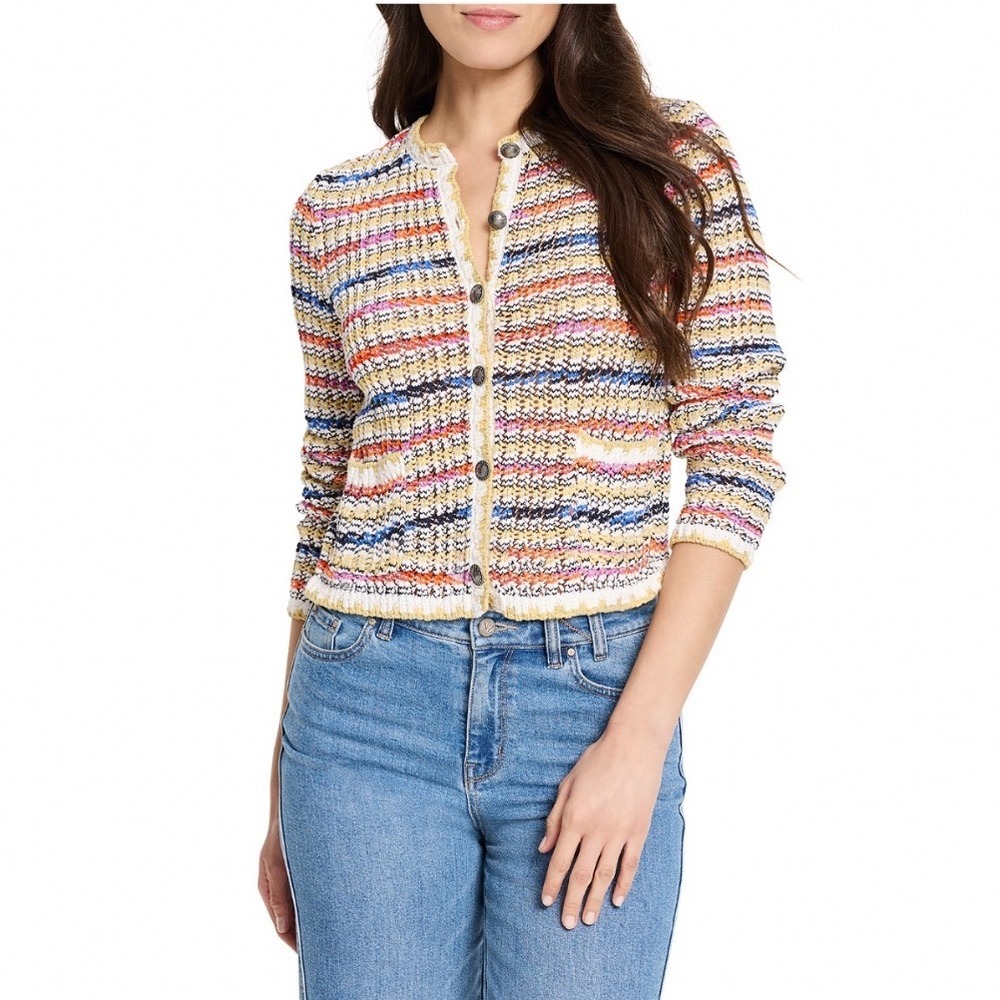 NIC+ZOE Coastal Crochet Knit Jacket Neutral Multi Stripe XXL NWT S251141